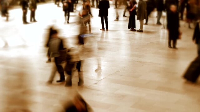 Blurred figures in fast motion show the energetic city life of a modern metropolis