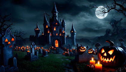 A spooky Halloween scene featuring a haunted castle with glowing windows, surrounded by a graveyard filled with carved pumpkins and flickering candles. Halloween Concept.