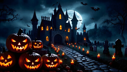 A spooky Halloween scene featuring a haunted castle with bats flying in the night sky. Jack-o'-lanterns are lit along a cobblestone path leading to the castle. Halloween Concept.