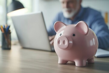 Piggy bank standing on desk with blurred retired man using laptop and doing accounting in background , ai