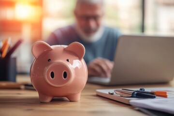 Obraz premium Piggy bank standing on desk with blurred retired man using laptop and doing accounting in background , ai