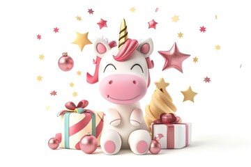 Naklejka premium Little Unicorn with Gifts 