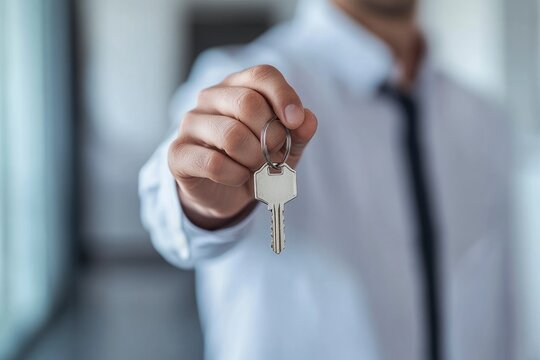 Realtor agent is a realtor with keys in hand against the background of a white real estate room apartment home , ai