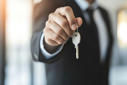 Realtor agent is a realtor with keys in hand against the background of a white real estate room apartment home , ai