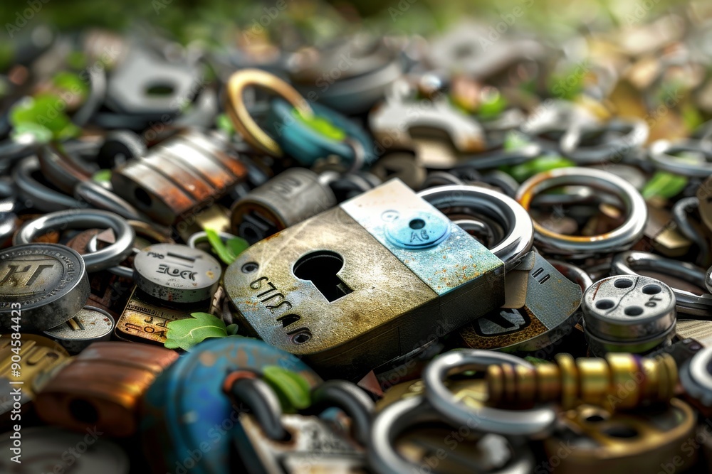 Poster pile of diverse padlocks on a workbench, symbolizing varied security solutions.