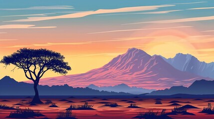 frican landscape with tree silhouette. Savanna sunset background is very beautiful