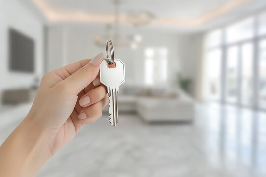 Realtor agent is a realtor with keys in hand against the background of a white real estate room apartment home , ai