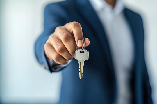 Realtor agent is a realtor with keys in hand against the background of a white real estate room apartment home, ai