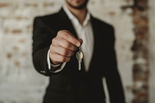 Realtor agent is a realtor with keys in hand against the background of a white real estate room apartment home, ai