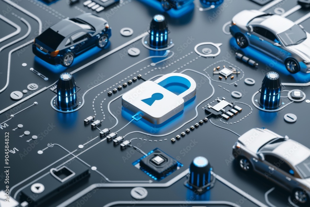 Poster futuristic cybersecurity hub with glowing padlocks, visualizing secure network operations.