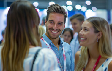 Fototapeta premium A charismatic exhibitor man, accompanied by two women, investigates the latest technological innovations showcased at trade shows.