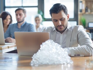 Frozen Computer, Digital frost covers screens, symbolizing a frozen workload, but employees still grin. The relentless work has encased technology in ice, yet they laugh it off.