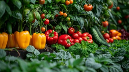 A thriving hydroponic vegetable plot with diverse plants including peppers, cucumbers, and leafy greens, all flourishing in a controlled environment