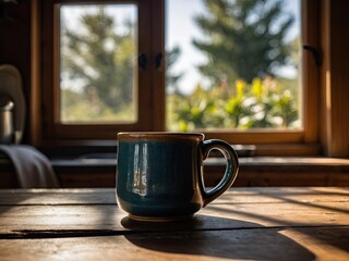 A photo of a ceramic coffee cup on a rustic table by a window in a sunlit kitchen during the afternoon