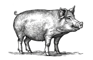 Pig, hog, boar. Vintage retro print, black white pig sketch ink pencil style drawing, linear drawing, engrave old school. Sketch artwork silhouette pig, hog, boar. Side view profile. Illustration