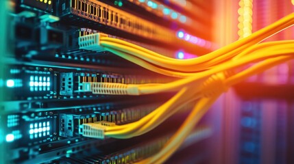 Network LAN internet cables connected in network switches. Server in data center