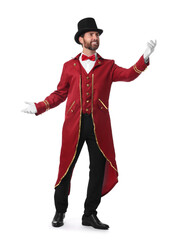 Portrait of showman in red costume and hat on white background