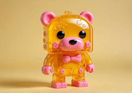 yellow teddy bear wearing a pink bow, illustrated in a fun cartoon style.