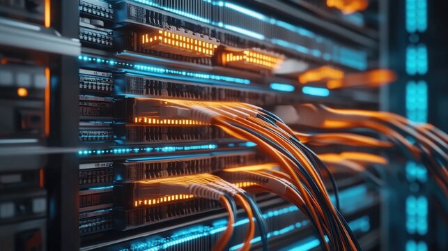 Network LAN internet cables connected in network switches. Server in data center