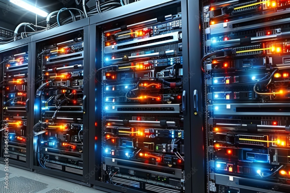 Aufkleber Data center with blue neon padlocks, visualizing advanced security measures in a high-tech environment.