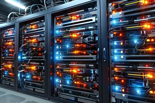 Data center with blue neon padlocks, visualizing advanced security measures in a high-tech environment.