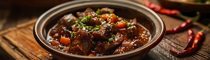 Closeup of Braised Beef in a Clay Pot, with Red Chili Peppers on a Wooden Table