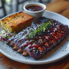 a sumptuous plate of Slow-cooked BBQ ribs with homemade coleslaw and cornbread