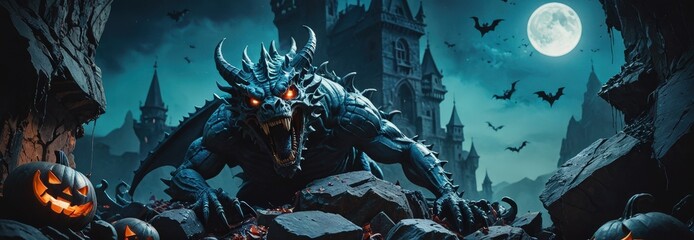 Obraz premium Halloween Dragon In A Haunted Castle.