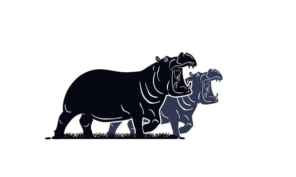 big strong  wild hipo standing logo, silhouette of big heavy animal vector illustrations