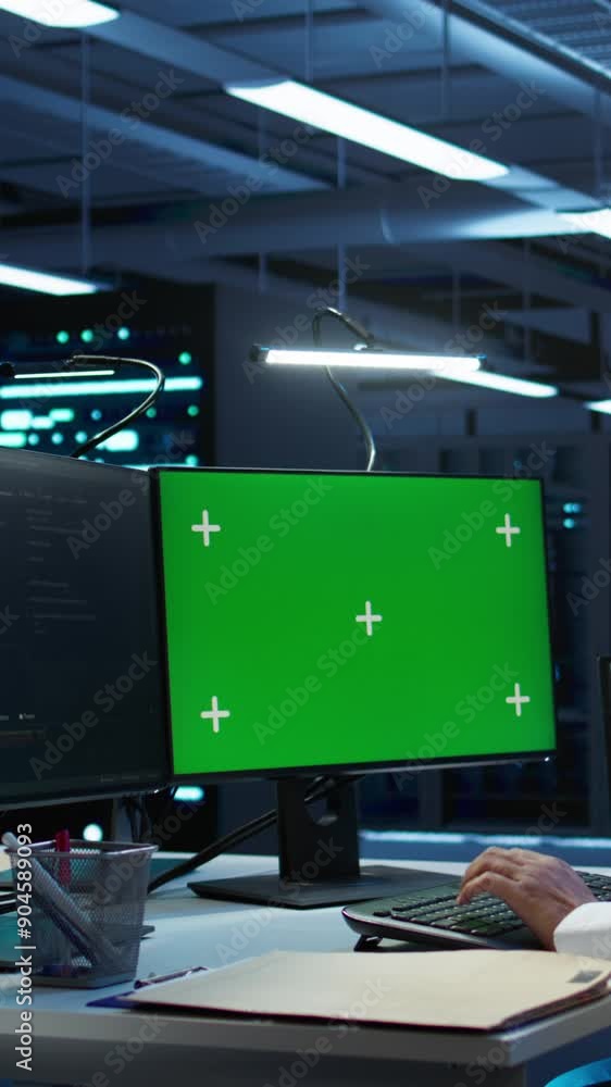 Poster vertical video engineer working with chroma key pc in data center used for managing gear energy cons