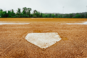 a dirt baseball field view from behind home plate