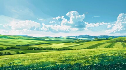Fototapeta premium View of a flat green field landscape of very beautiful natural beauty on a sunny day