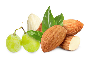 Almond nuts and green grapes isolated on white