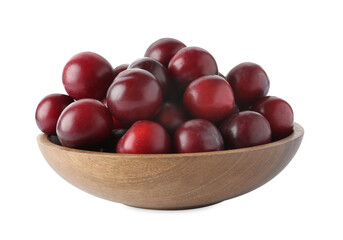 Fresh ripe plums in bowl isolated on white