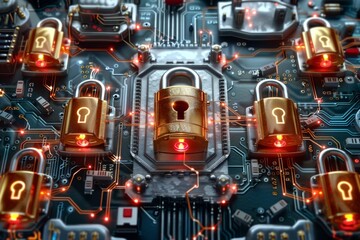 Fototapeta premium Vibrant Network of Digital Padlocks in Cyberspace, Symbolizing Comprehensive Cybersecurity Measures.