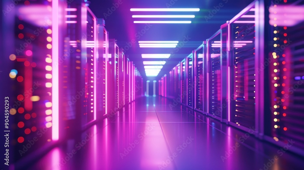 Aufkleber modern data center with rows of servers and neon lights creating a futuristic technological atmosphe