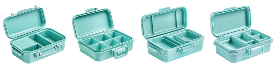 Collection of Plastic Lunch Box With Multiple Compartments On Transparent Png Background For Custom Food Storage And Branding . Generative ai