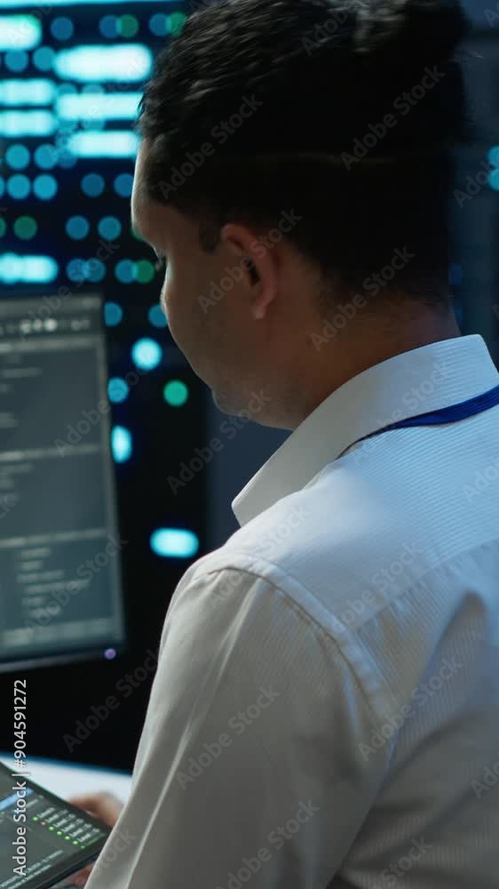Aufkleber vertical video system administrator in data center installing software on computer, troubleshooting 