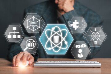 Visual representation of data science with futuristic icons, showcasing modern technology, analytics, and business intelligence.