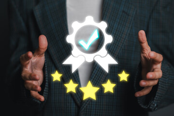 Image depicting the concept of quality assurance with a checkmark and stars, representing high...