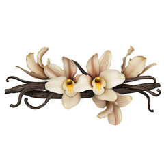 Vanilla pods and flowers displayed on a transparent background. Assortment of vanilla orchid blooms and vanilla sticks.