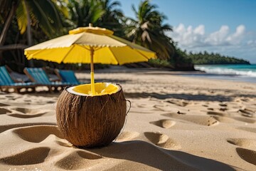 A photo of a coconut drink with a yellow drink umbrella on a sandy beach at noon