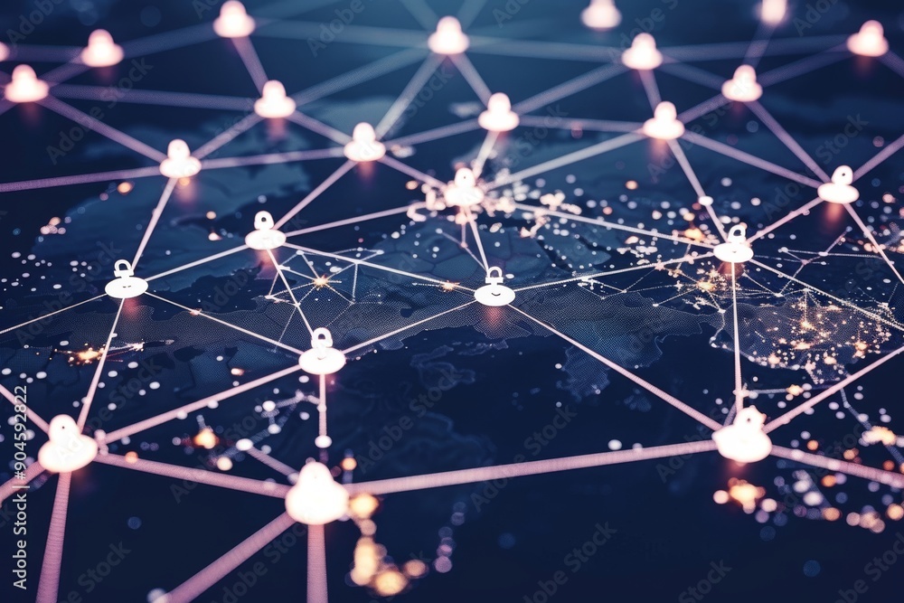 Aufkleber network nodes secured by digital padlocks, representing the safeguarding of critical data points in 