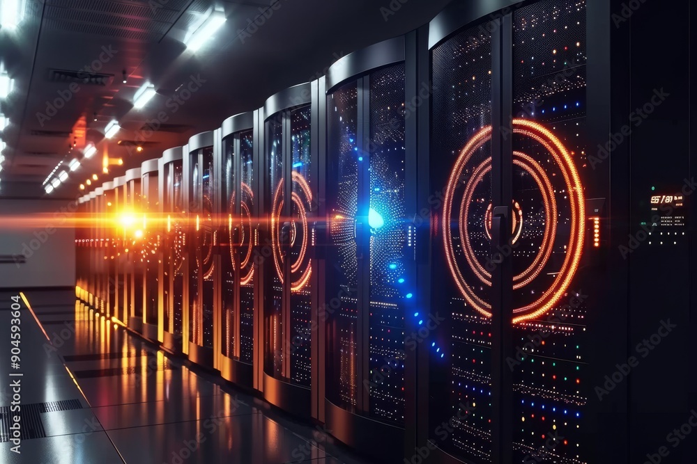Poster illuminated security in data center corridor, highlighting tech-driven protection