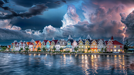 Wide-angle landscape photo of a row of colorful houses by a calm waterfront