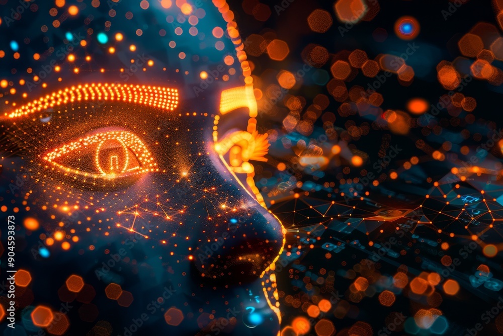Aufkleber cryptic digital face mapping in cybersecurity, emphasizing personal data protection