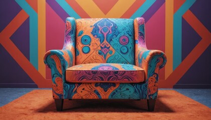 Psychedelic Armchair with Geometric Background.