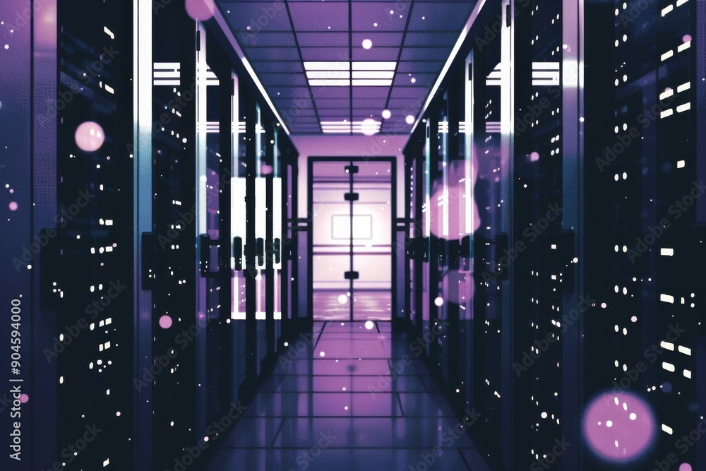 Poster long corridor in secure data center, underlining the depth of cybersecurity measures