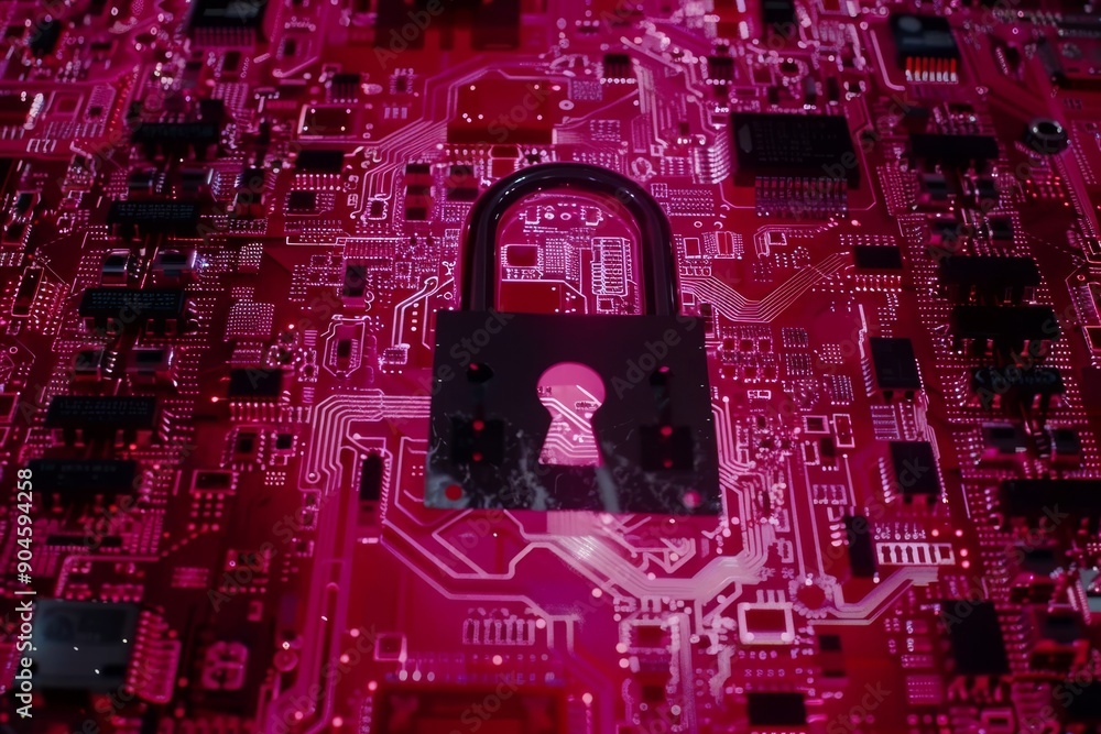 Poster vibrant digital network background with embedded security locks, visualizing integrated cyber defens