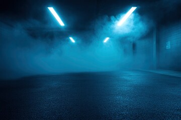 Obraz premium A dark empty street, dark blue background, an empty dark scene, neon light, spotlights The asphalt floor and studio room with smoke float up the interior , ai